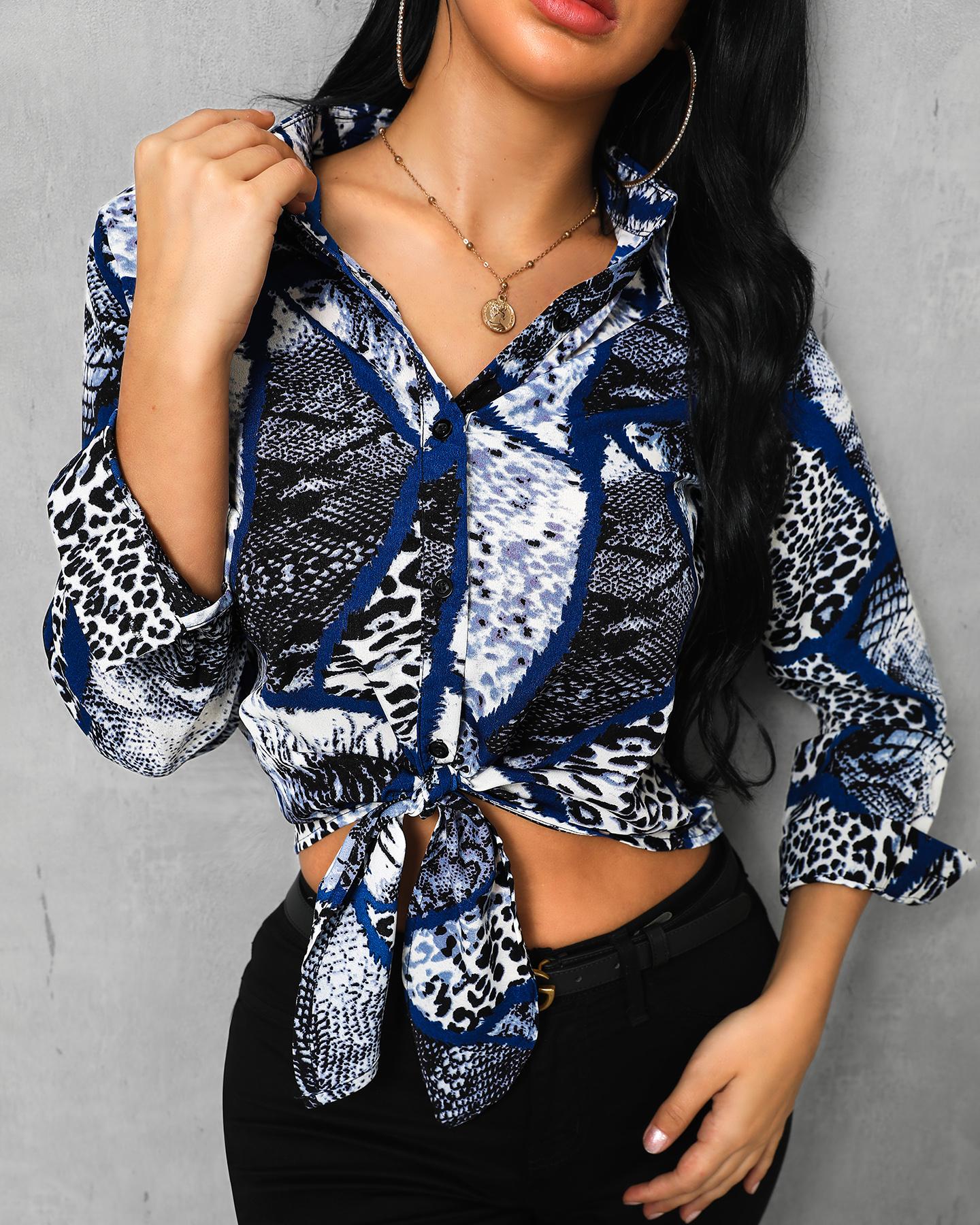

Snakeskin Print Knotted Detail Casual Shirt, Multicolor