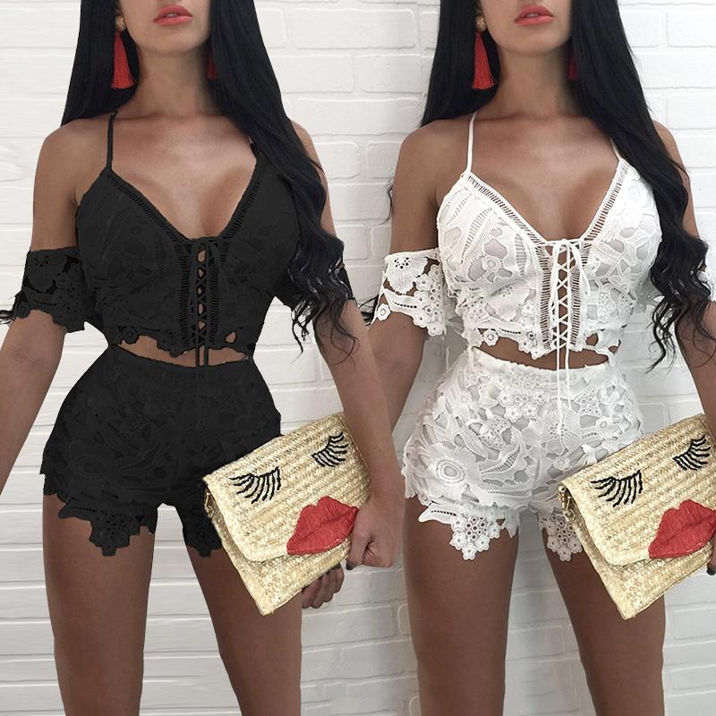 

Low Cut Lace Trim Cold Shoulder Cropped Suit Set, Black