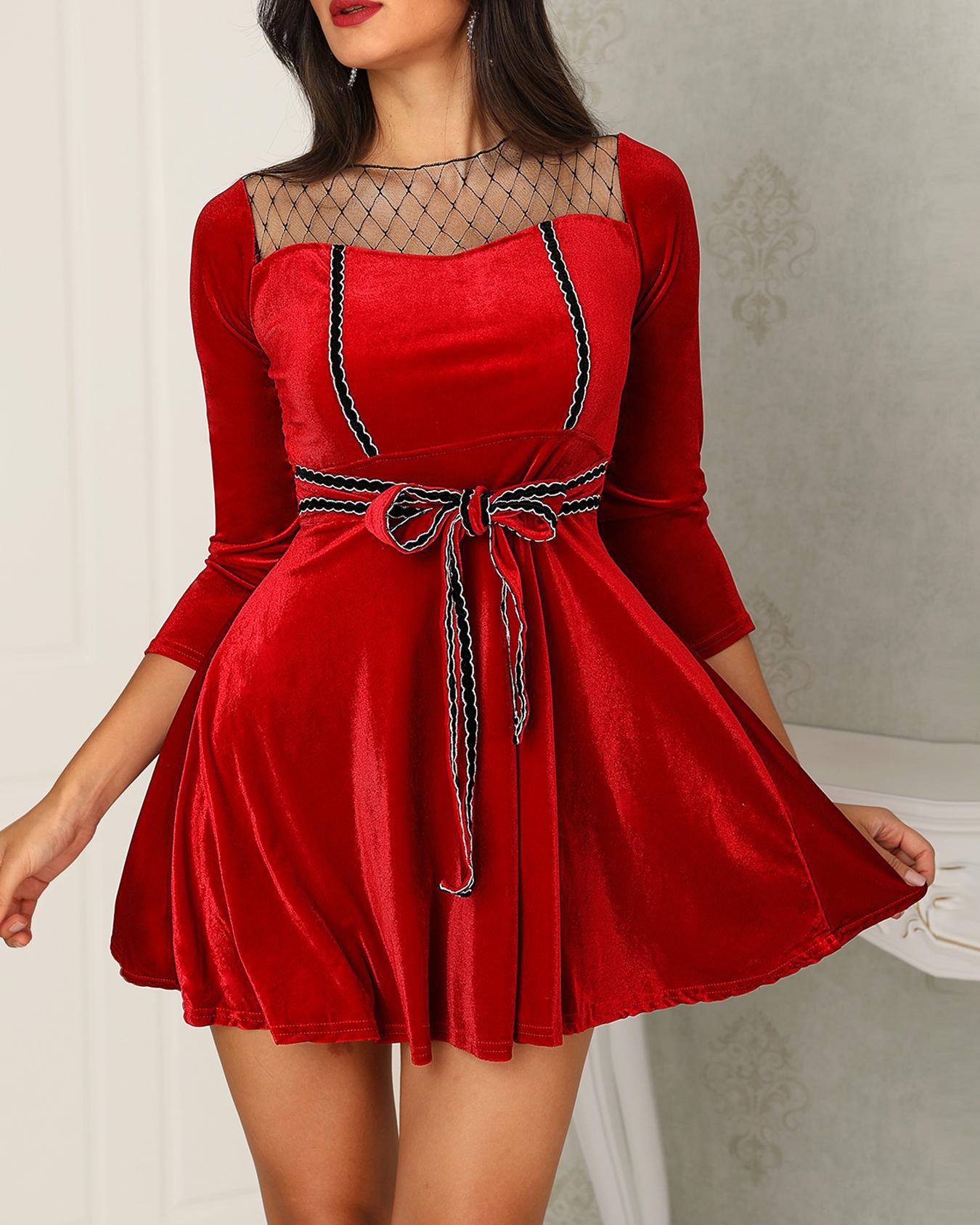 

Velvet Mesh Splicing Tied Front Ruched Dress, Red