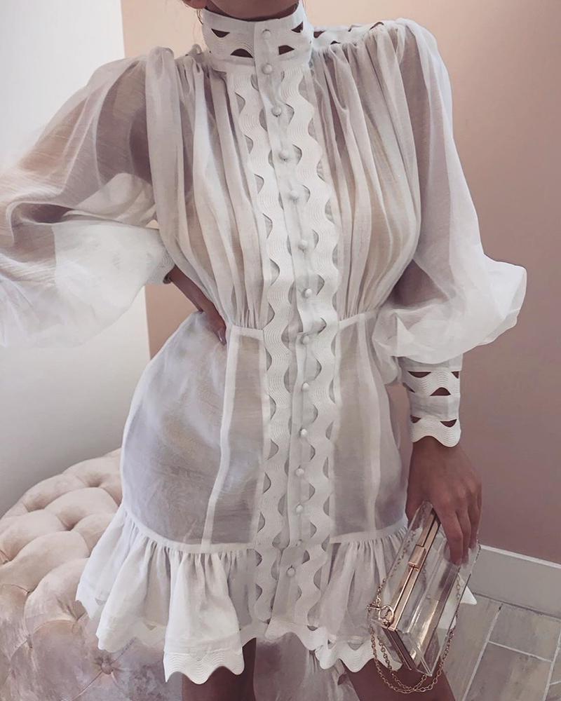 

Lantern Sleeve High Neck Cutout Detail Dress, White