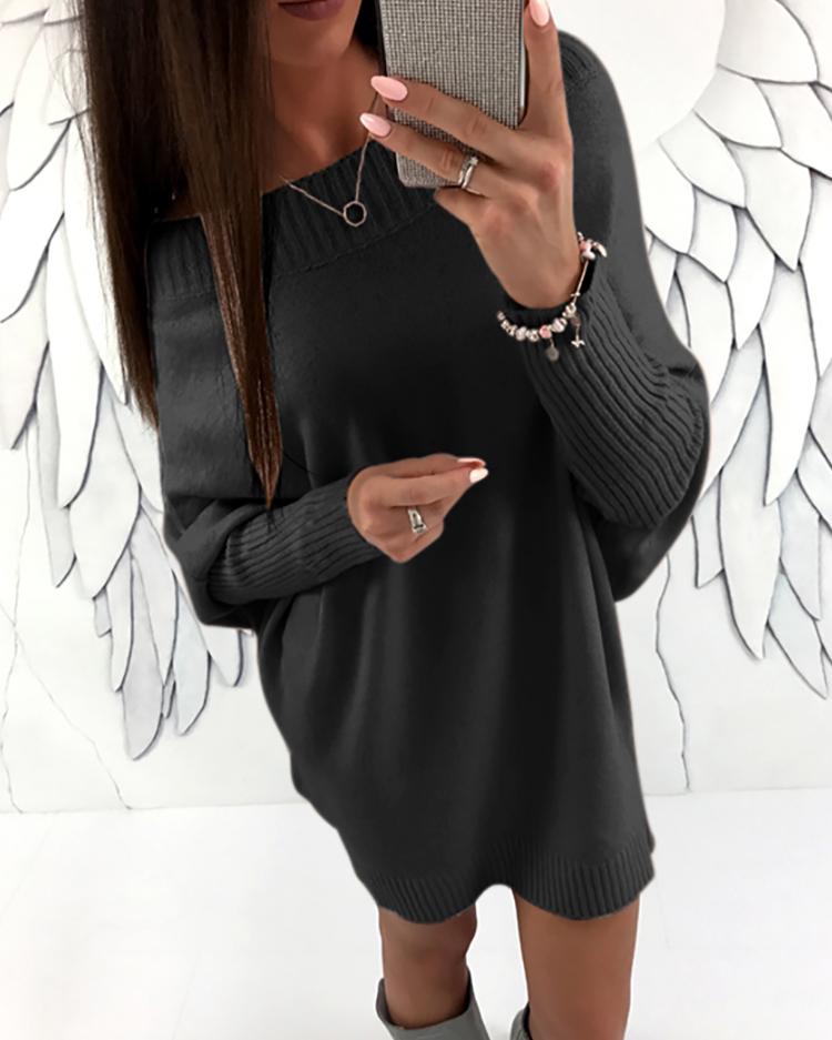 

Stylish Long Sleeve Solid Sweater Dress, Black