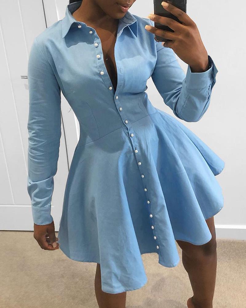 

Solid Buttoned Casual Pleated Dress, Blue
