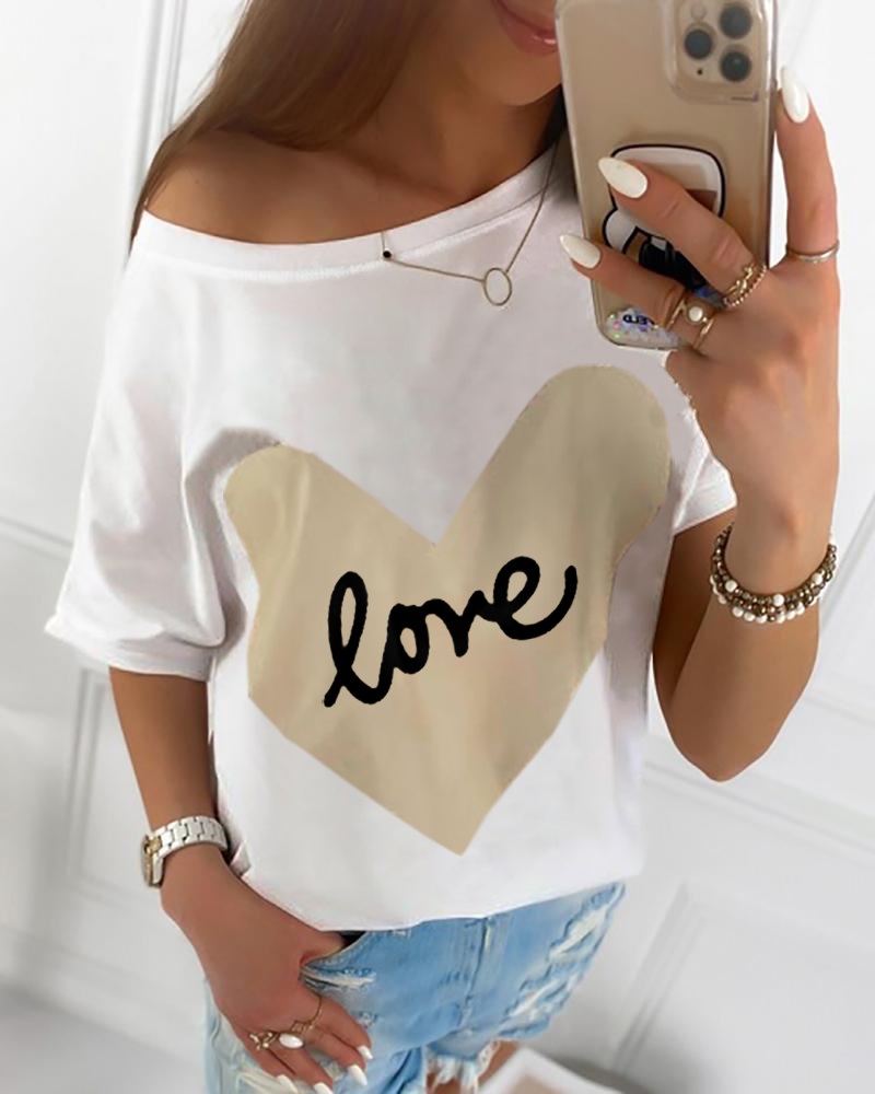 

Heart Letter Print Casual T-shirt, White