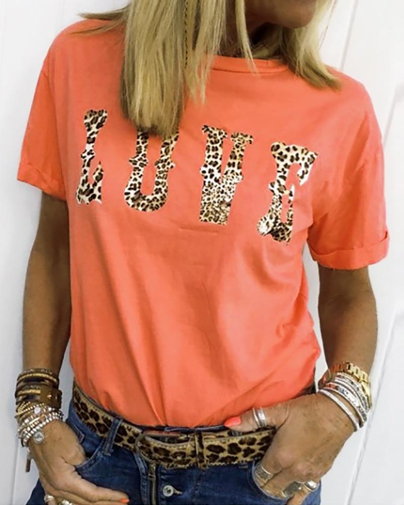 

Letter Cheetah Print Short Sleeve Casual T-shirt, Orange