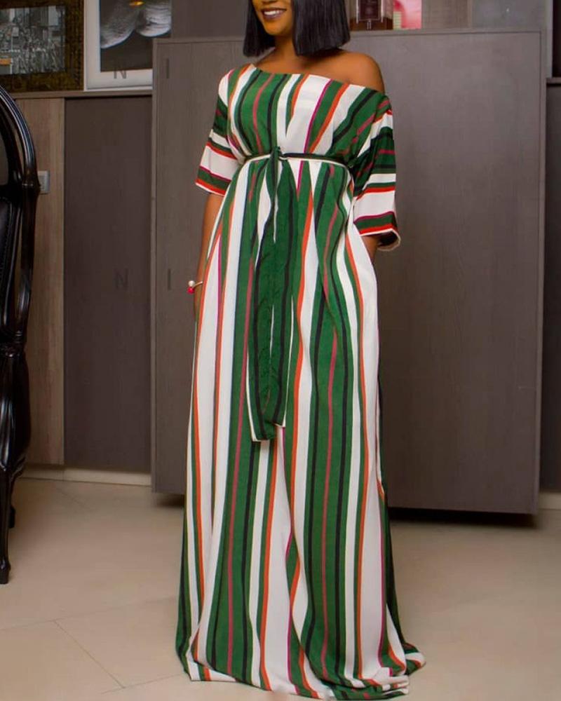 

Half Sleeve Colorful Striped Maxi Dress, Green