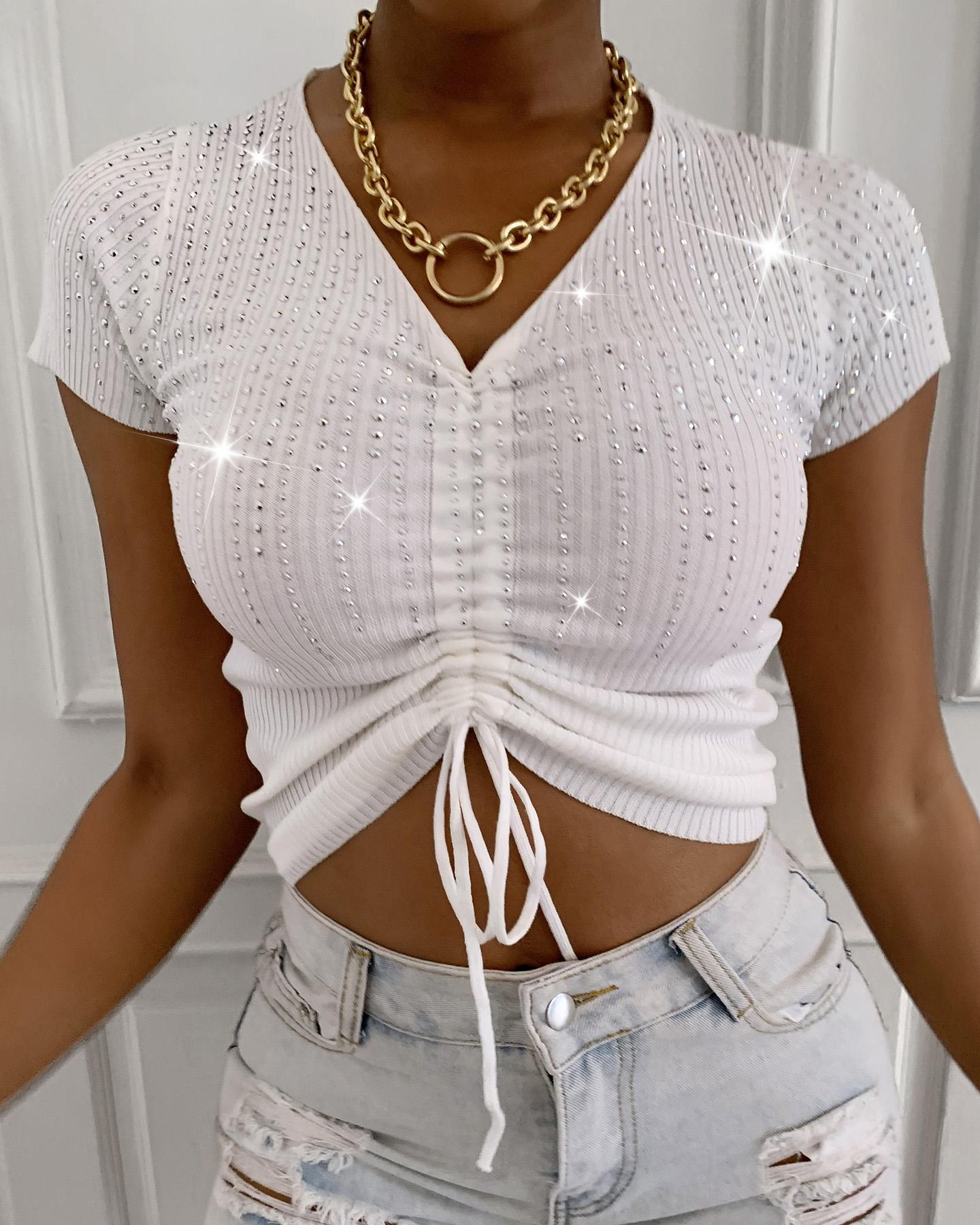 

Studded Drawstring Glitter Knit Crop Top, White