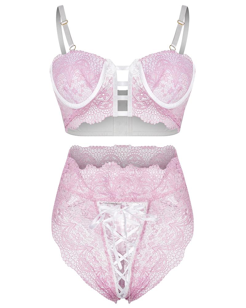 

Crochet Lace Cutout Lace-up Lingerie Set, Pink