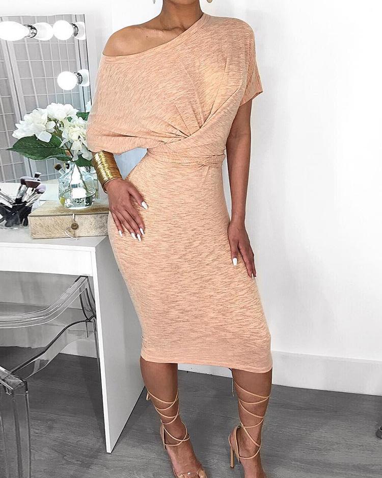 

Short Sleeve Ruched Design Bodycon Dress, Apricot