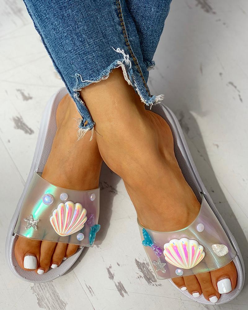 

Open Toe PVC Bell Eembellished Casual Slipper, Gray