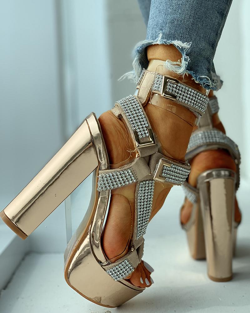 

Buckled Open Toe Studded Chunky Heeled Sandals, Gold