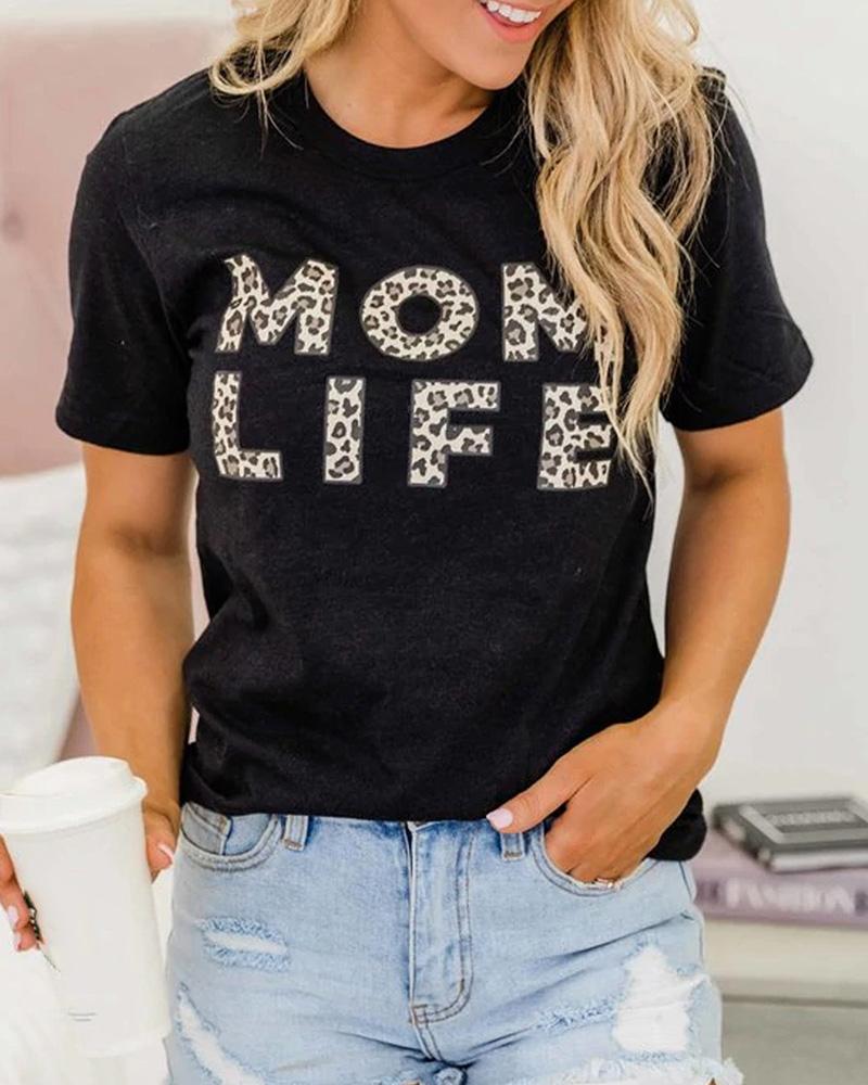 

Leopard Letter Print Casual T-shirt, Black