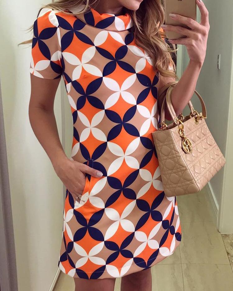 

Geo Print Turtle Neck Mini Dress, Multicolor