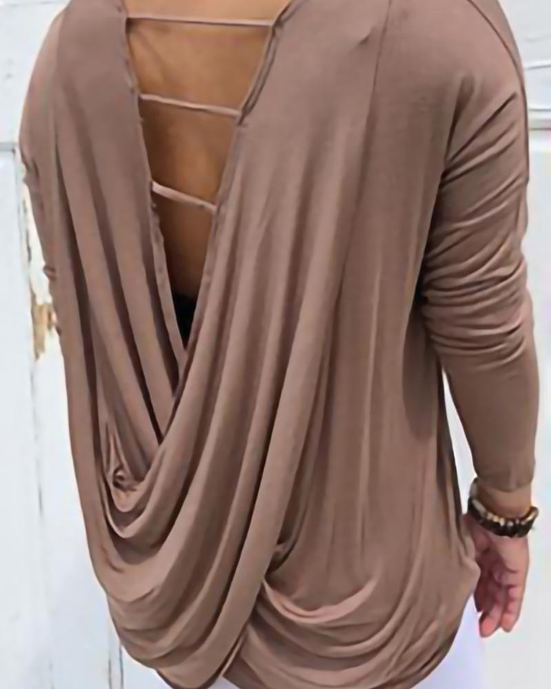 

Solid Cut Out Drape Back Long Sleeve Top, Khaki