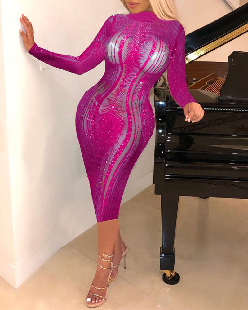 

Glitter High Neck Sequins Bodycon Dress, Hot pink
