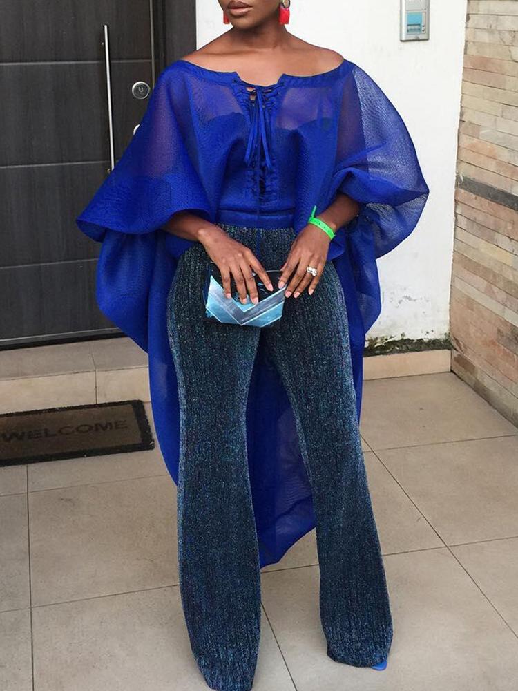 

Lantern Sleeve Lace-Up Dip Hem Blouse, Blue