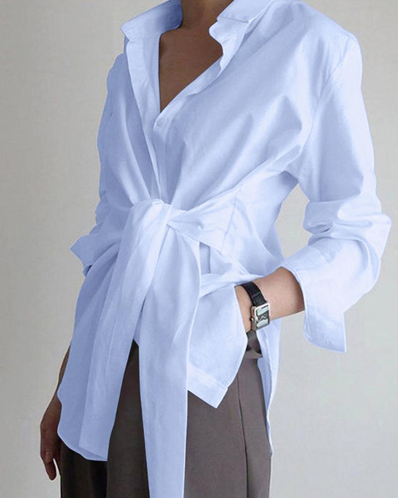 

Long Sleeve Tie Front Shirt, Blue