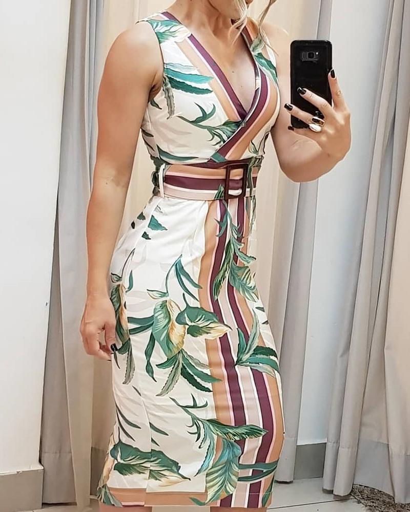 

Leaf Print Striped Colorblock Sleeveless Dress, Multicolor