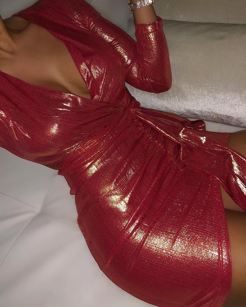 

Tied Waist Long Sleeve Bodycon Dress, Red