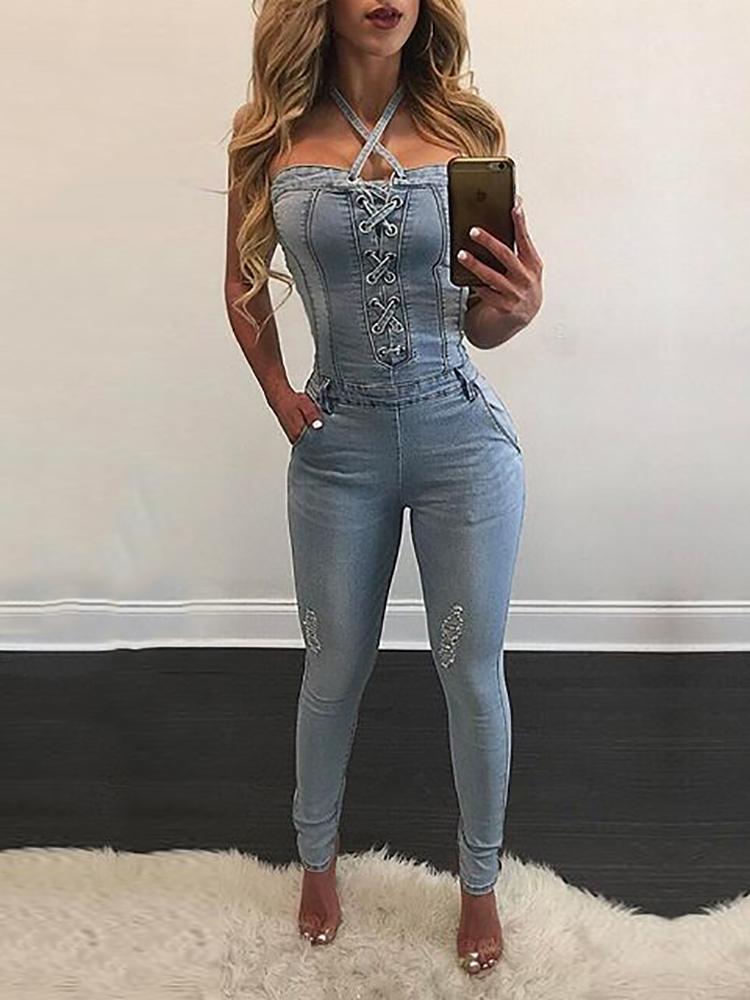 

Stylish Criss Cross Halter Neck Denim Jumpsuit - Blue