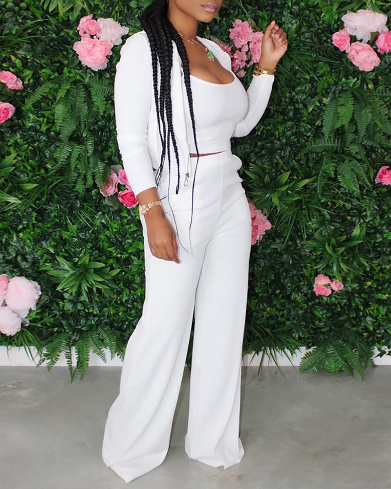 

U Neck Cami Top & Pants & Zipper Front Cardigan Set, White