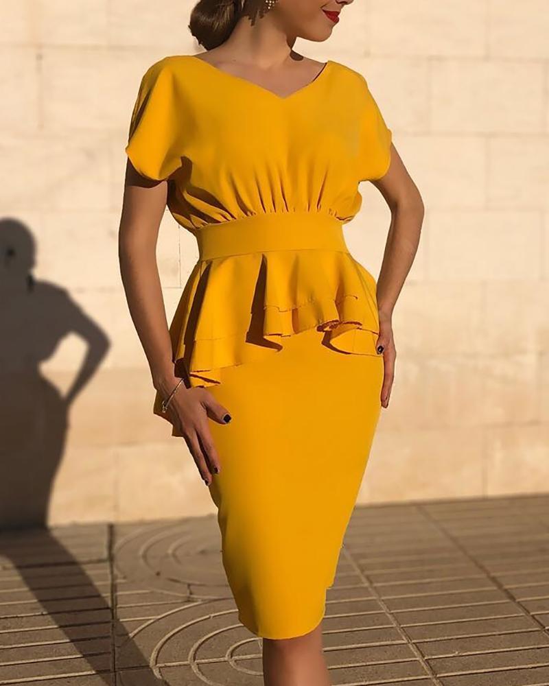 

Solid Short Sleeve Peplum Midi Dress