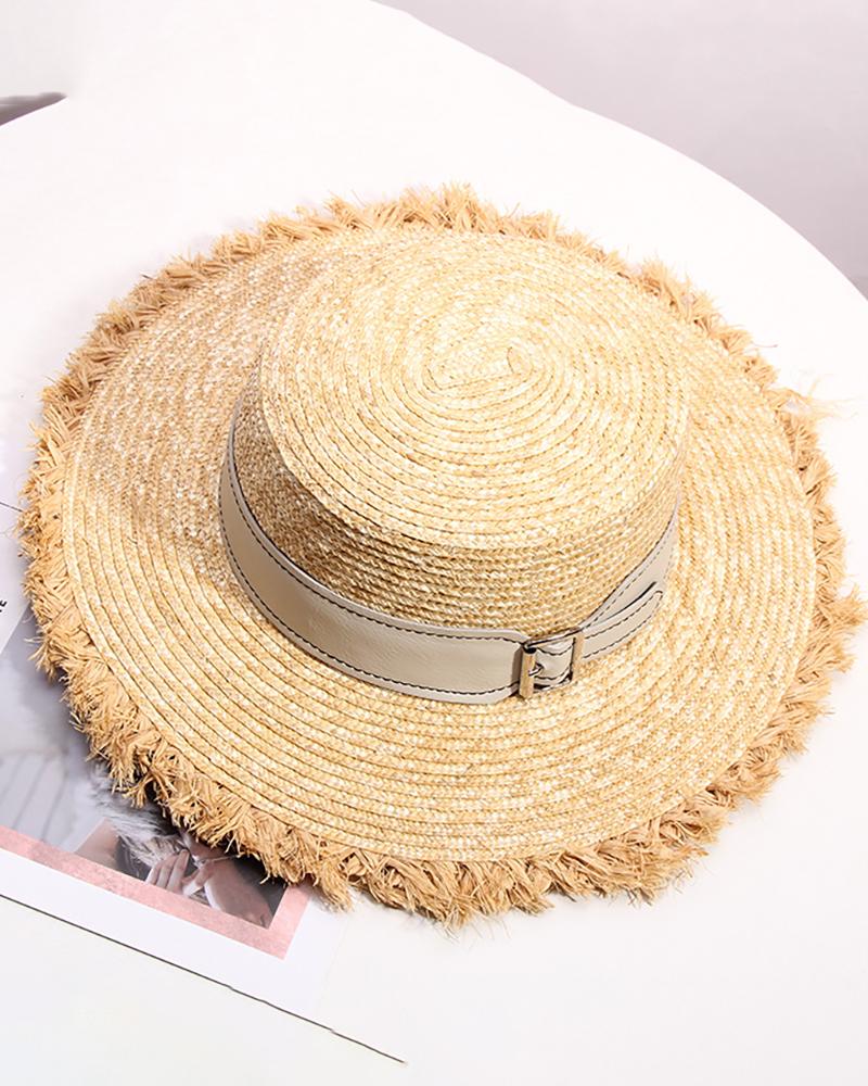 

Buckle Decor Tassel Design Straw Hat, Beige