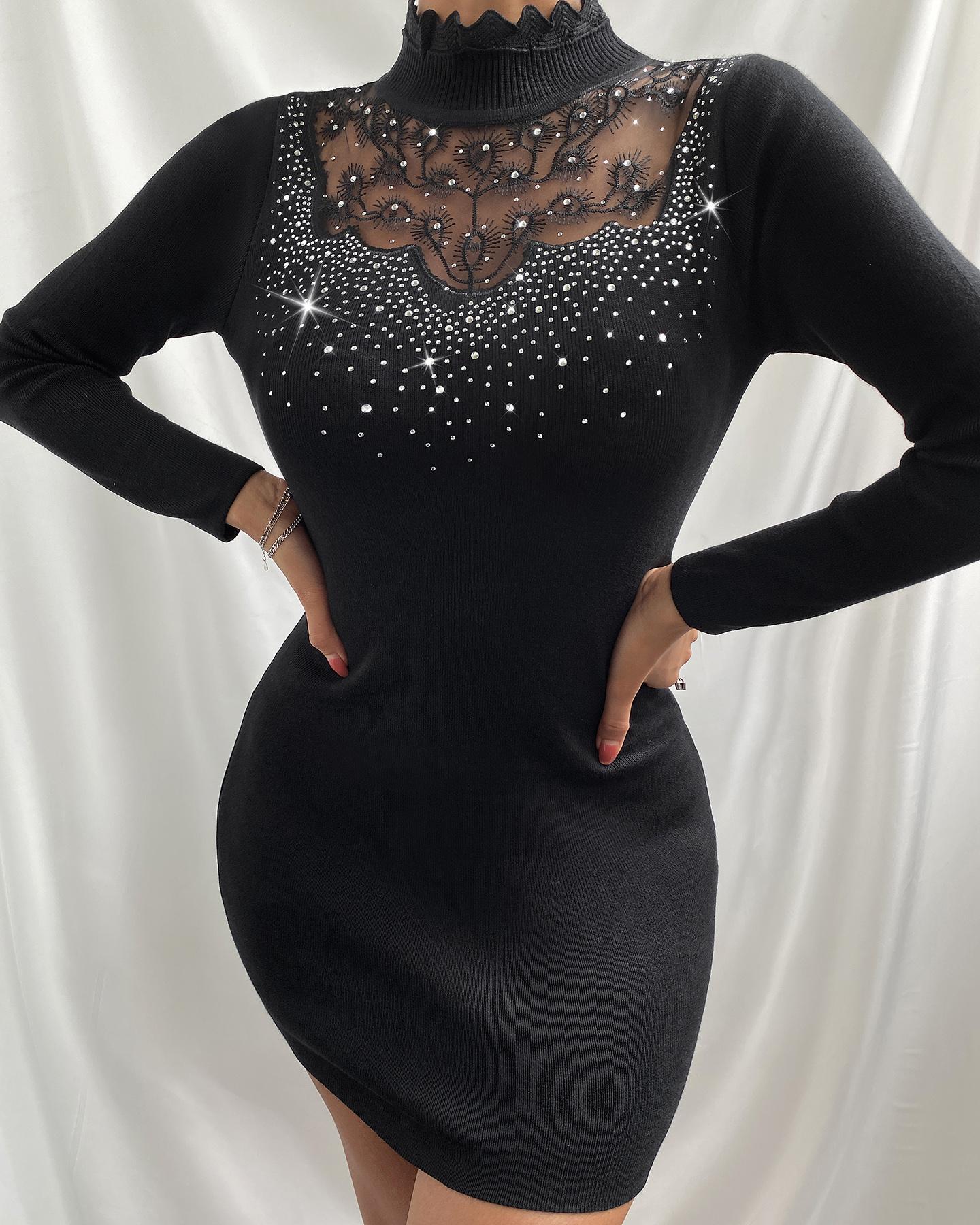 

Studded Sheer Mesh Lace Bodycon Dress, Black
