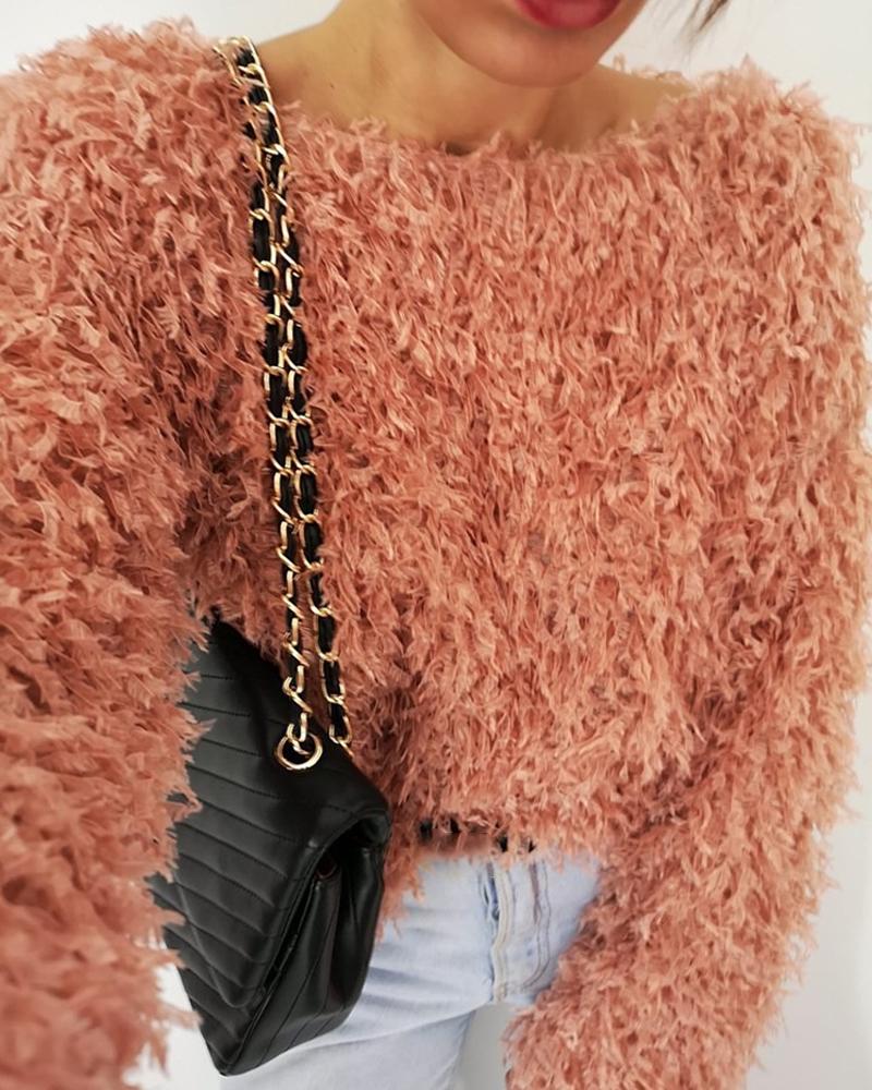 

Solid Round Neck Long Sleeve Fluffy Crop Blouse, Red