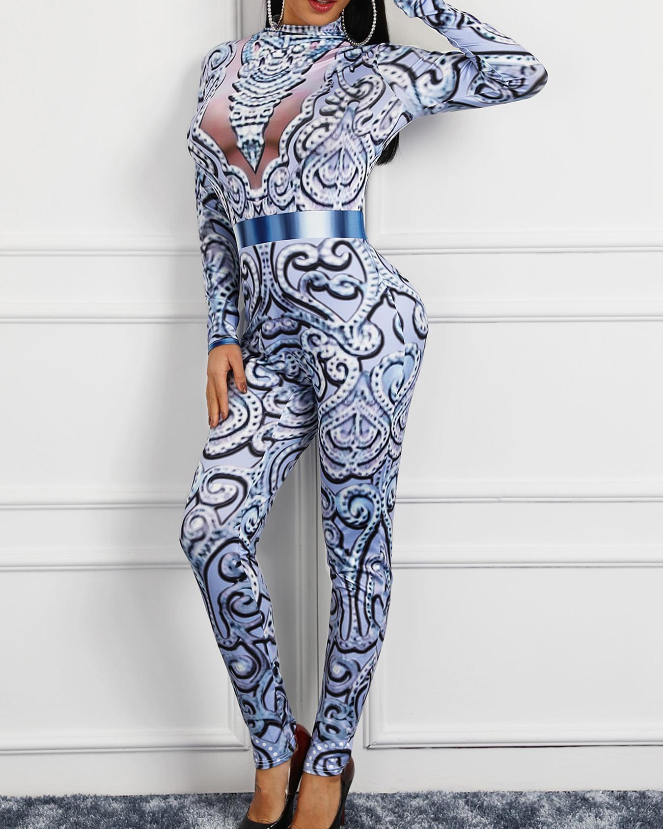 

Baroque Print Long Sleeve Jumpsuit, Light blue