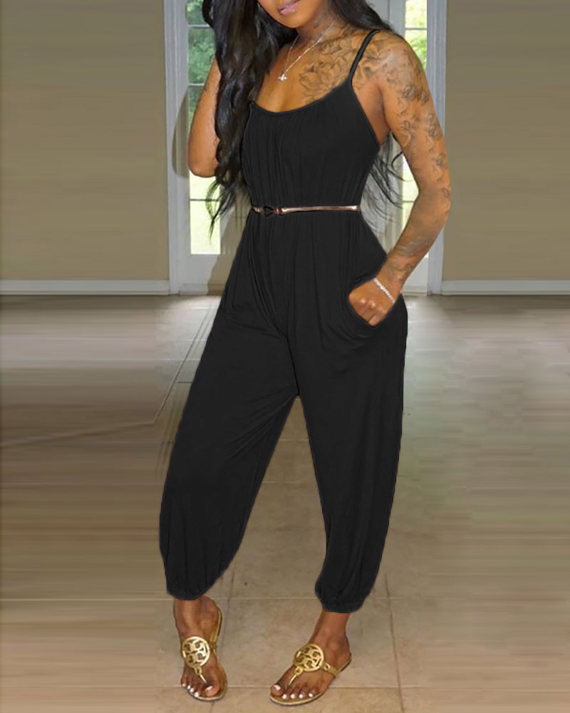 

Solid Tied Cuffed Casual Jumpsuit, Black