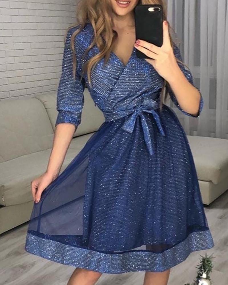 

Glitter Mesh Bowknot Wrap Party Dress, Dark blue