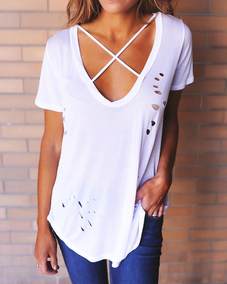 

Stylish Criss Cross Cut Out T-shirt, White