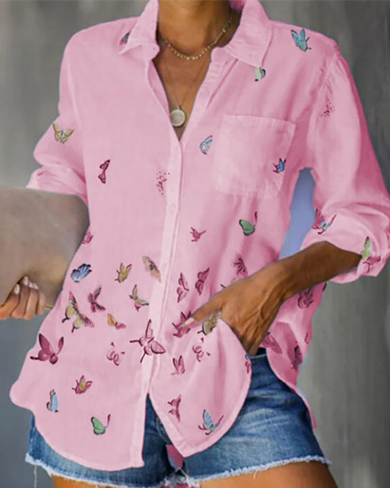 

Butterfly Print Buttoned Pocket Design Shirt, Pink