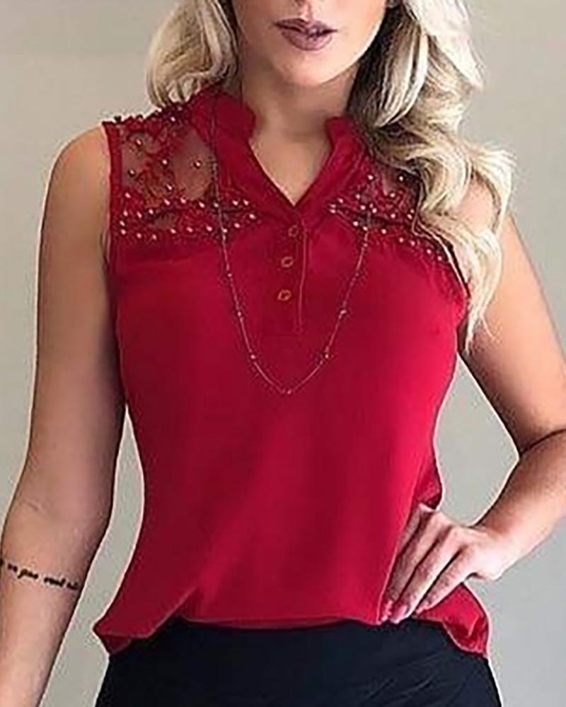 

Beaded Mesh Insert Casual Top, Red