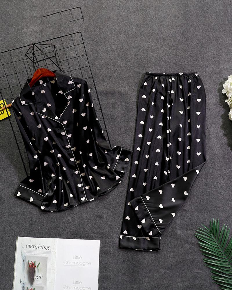 

Print Long Sleeve Pajamas Set, Black