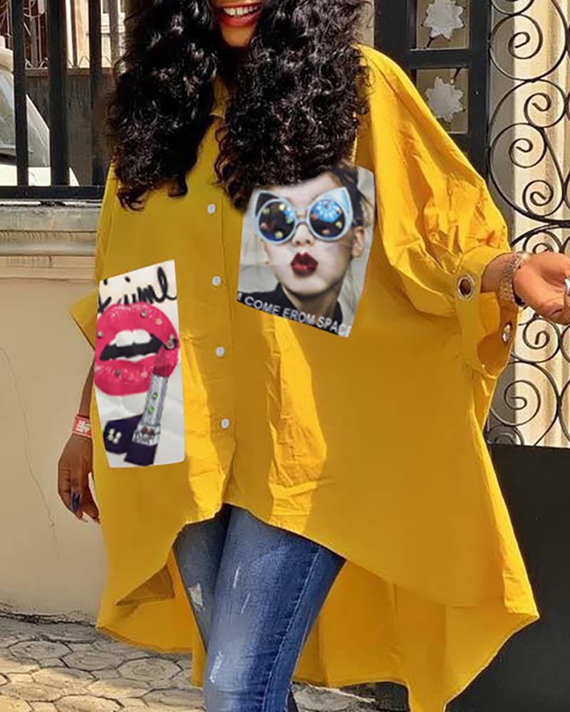 

Print Patch Design Dip Hem Shirt, Yellow