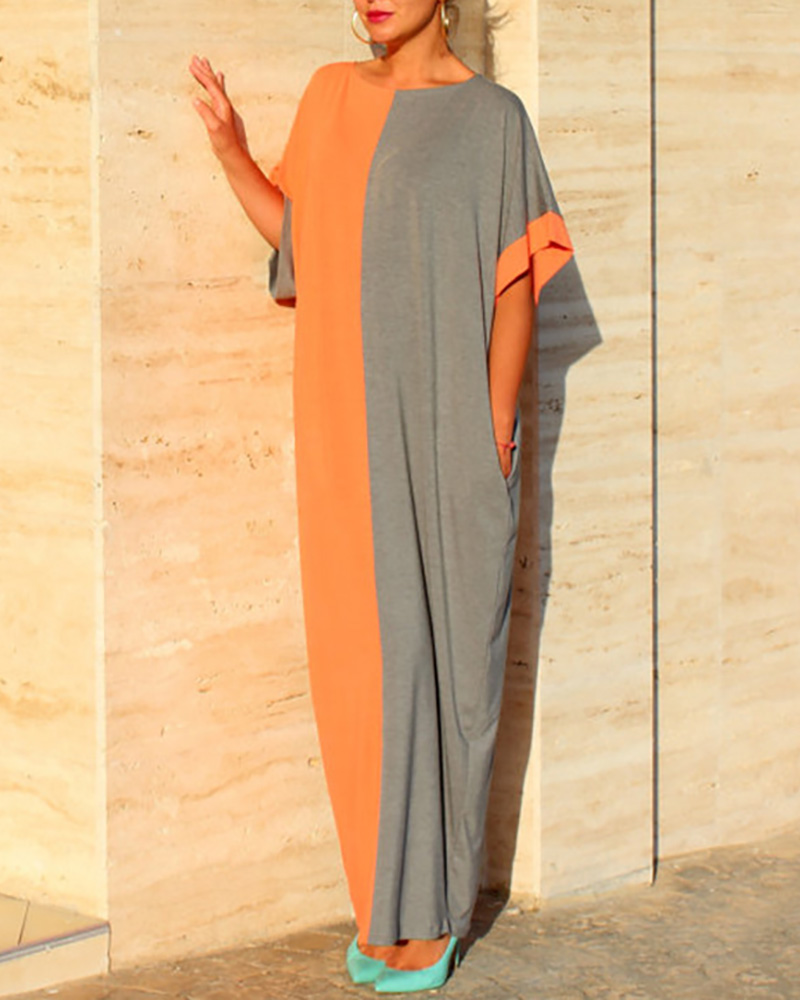 

Colorblock Short Sleeve Casual Maxi Dress, Orange
