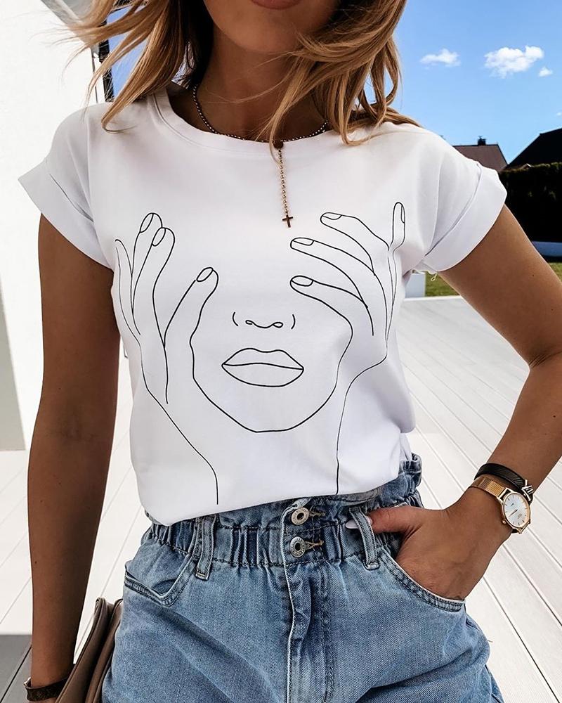 

Print Round Neck Casual T-shirt, White
