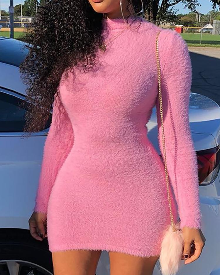 

Solid Fluffy Mock Neck Bodycon Dress, Pink