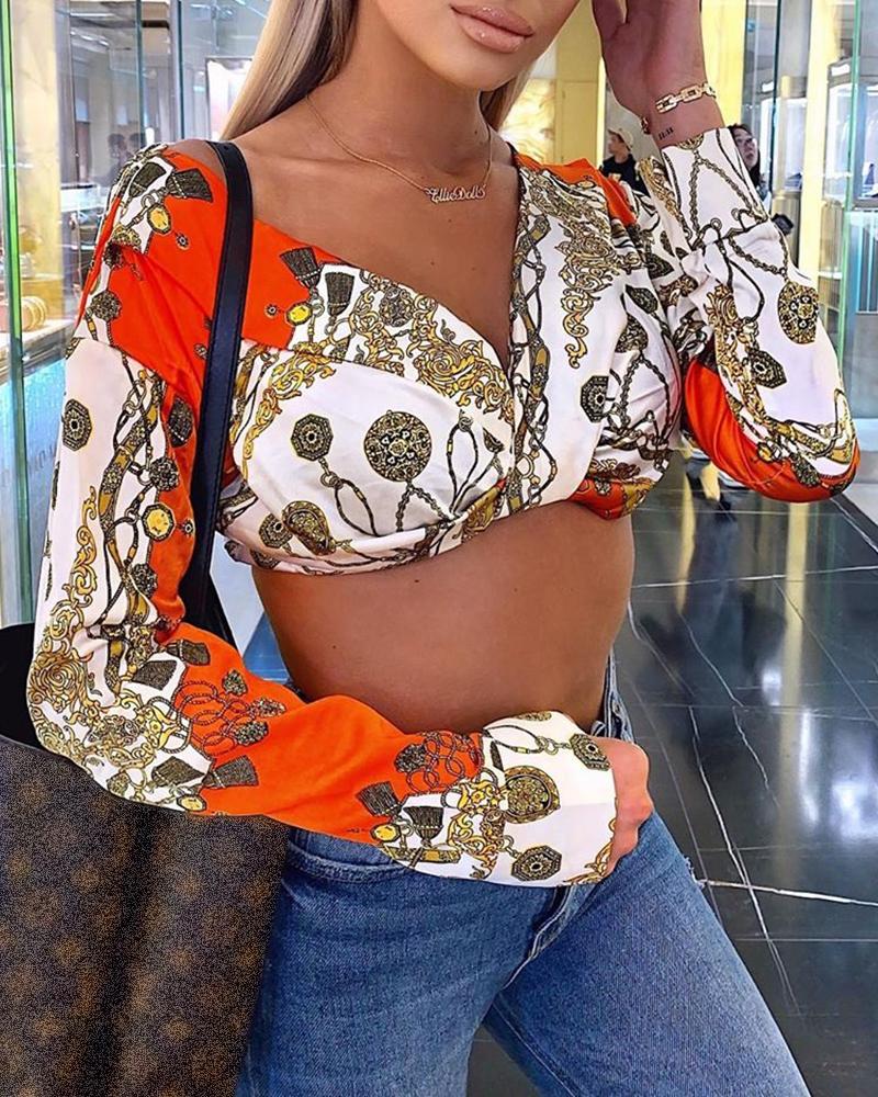 

Random Retro Print Long Sleeve Crop Top, Orange