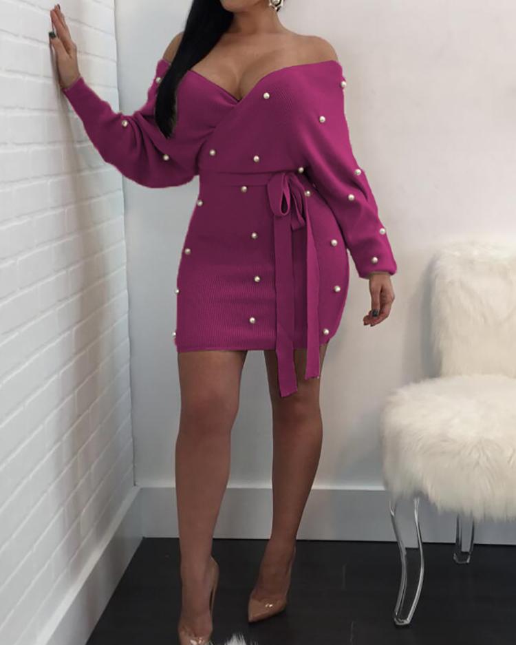 

Beading Design Open Back Belted Bodycon Dress