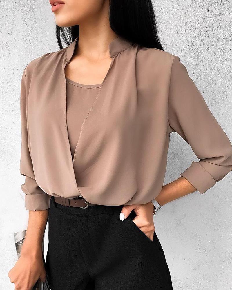

Solid Fake Two Piece Long Sleeve Blouse, Coffee