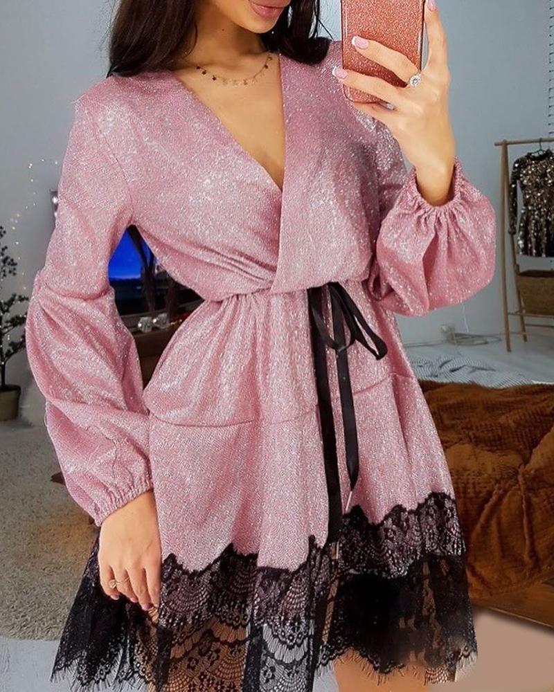 

Eyelash Lace Trim Glitter Long Sleeve Dress, Pink