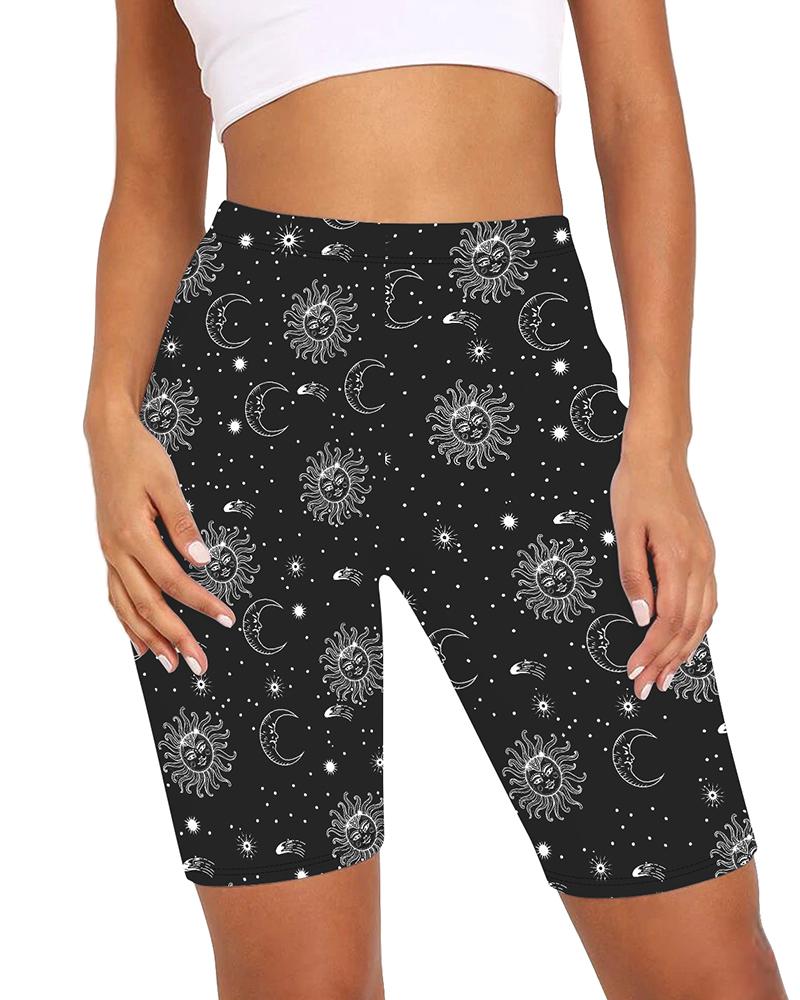 

Sun Moon Pattern Print High-Rise Biker Shorts, Black