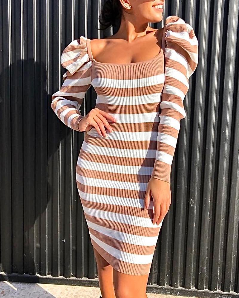 

Square Neck Striped Bodycon Ribbed Dress, Pink