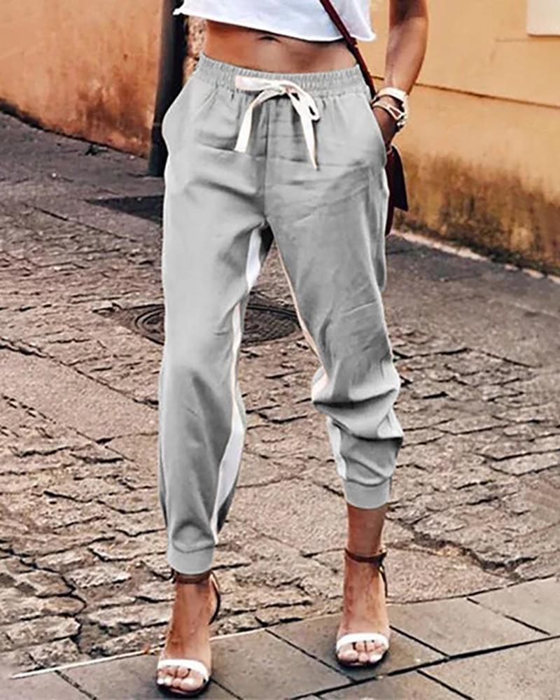 

Colorblock Tape Insert Drawstring Casual Pants, Gray