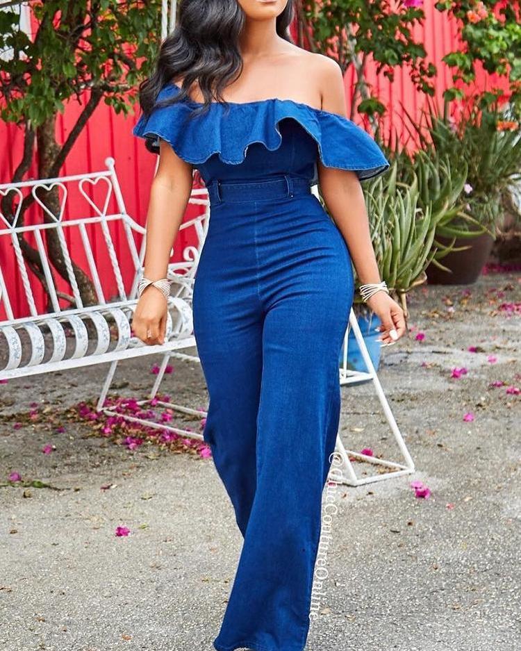 

Ruffles Off Shoulder Belted Denim Jumpsuit