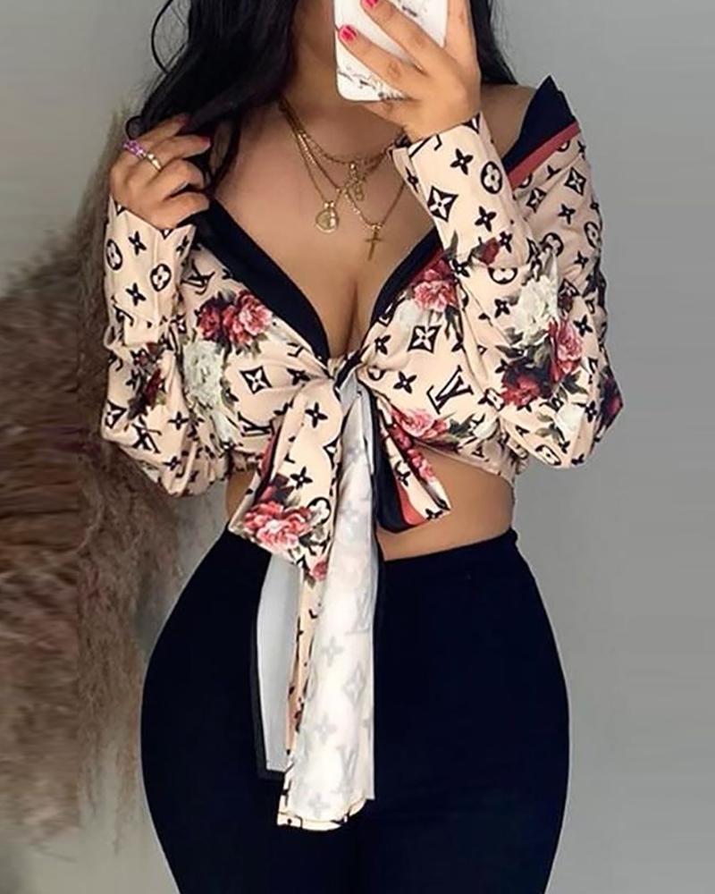 

Letter Print Colorblock Tie Front Top, Apricot