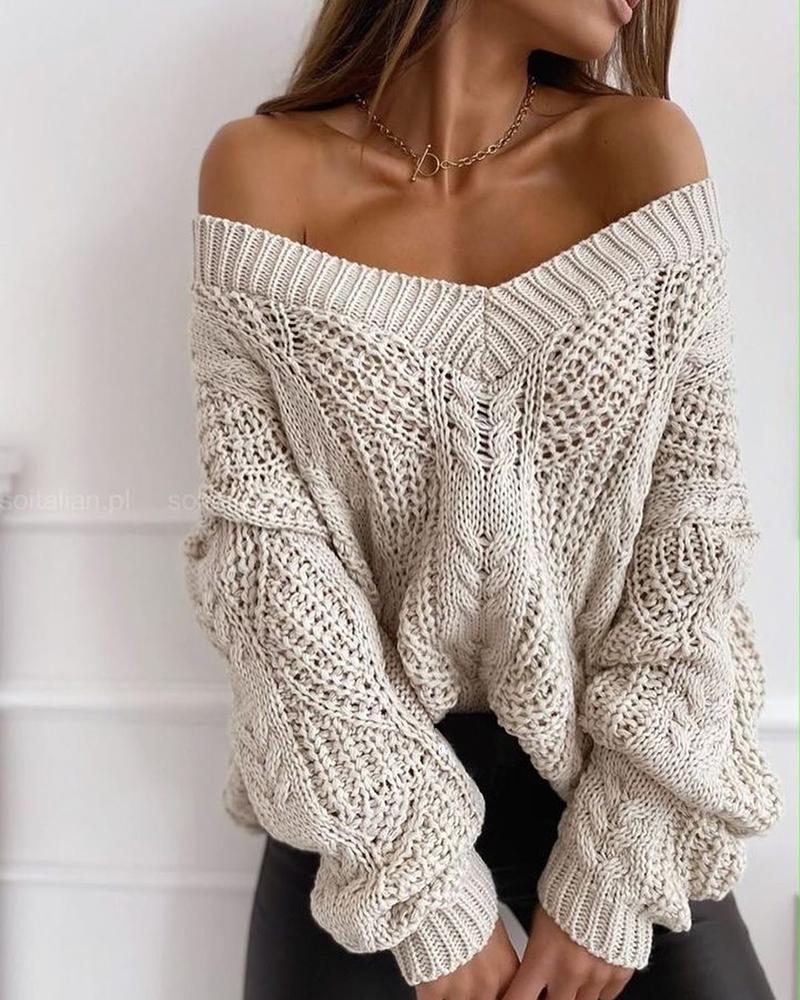 

Plain Hollow Out Cable Knit Sweater, Beige
