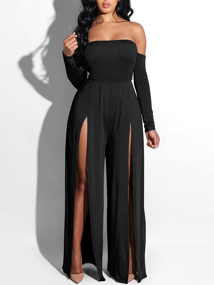 

Solid Shirring High Slit Wide Leg Jumpsuit